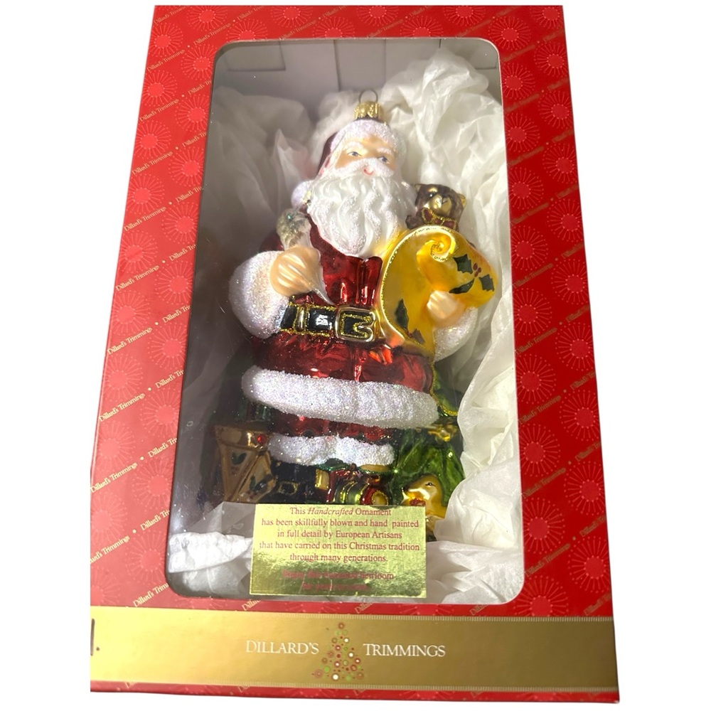 VTG Dillard's Trimmings Santa Clause ornament glass Hand Painted in Poland. 7 in